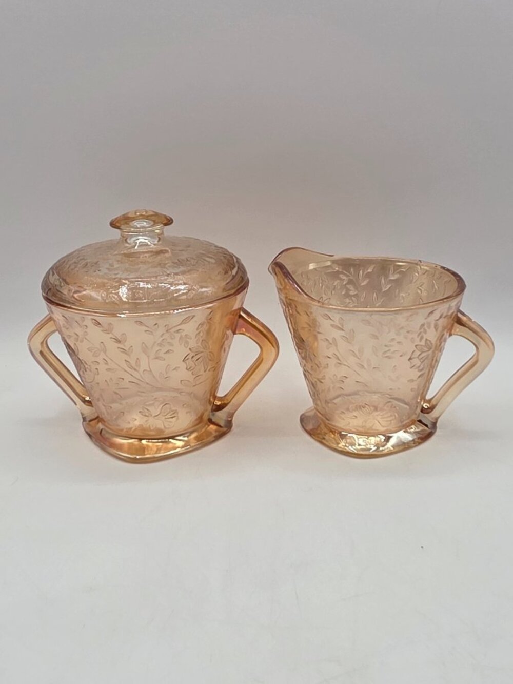 Vintage Jeanette Depression Glass Louisa Pattern Covered Sugar & Creamer Set